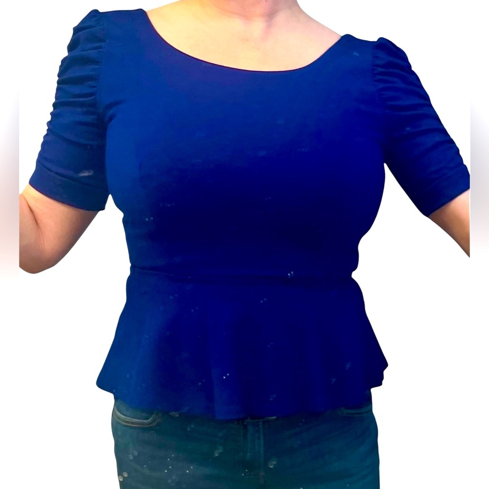 Royal blue, puffed shoulder blouse.